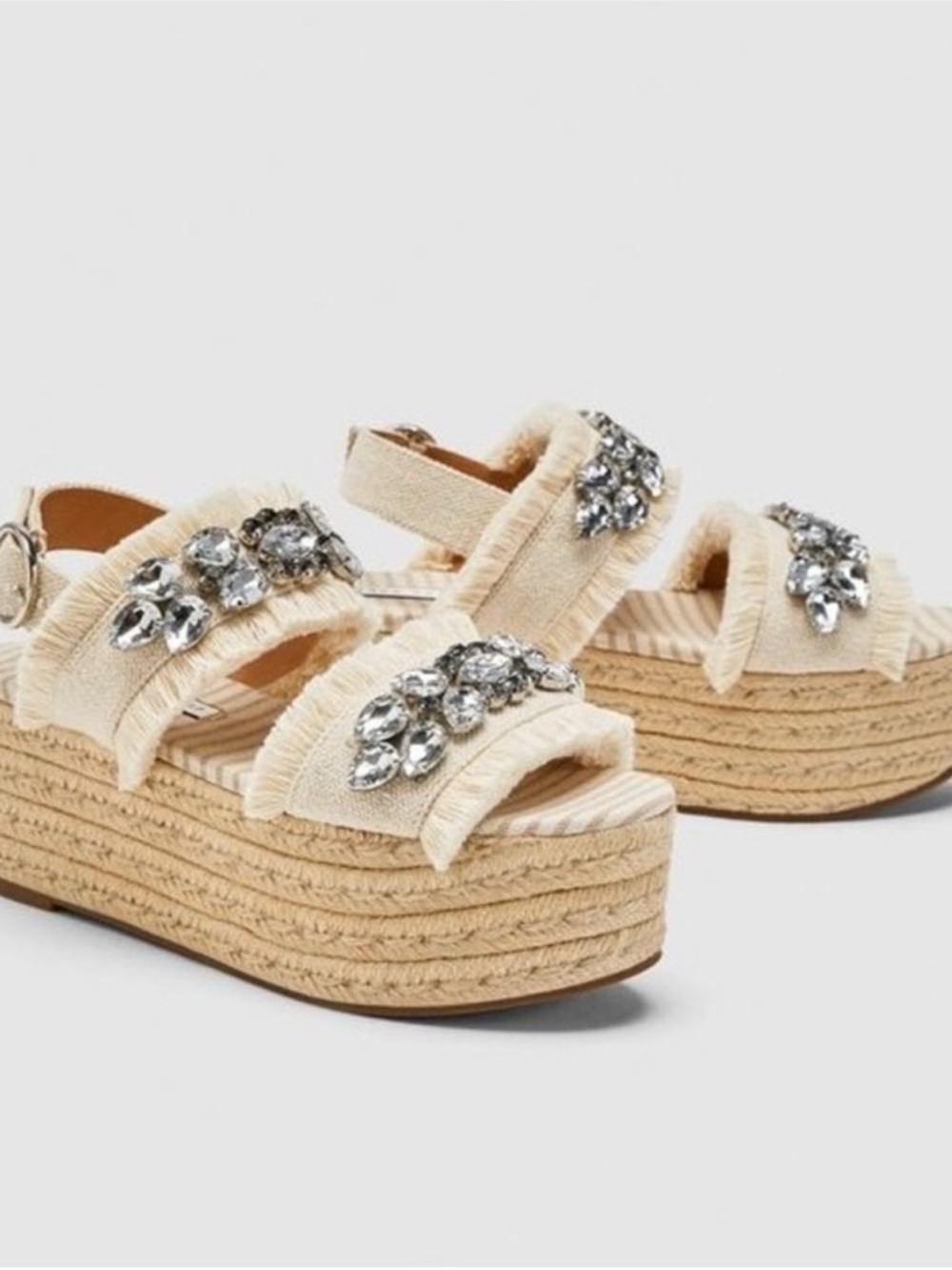 Zara Cream Jeweled Platform Espadrille Sandals